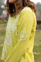 Zibaa Modal Olive Green Long Chikankari Kurti | Grocsy