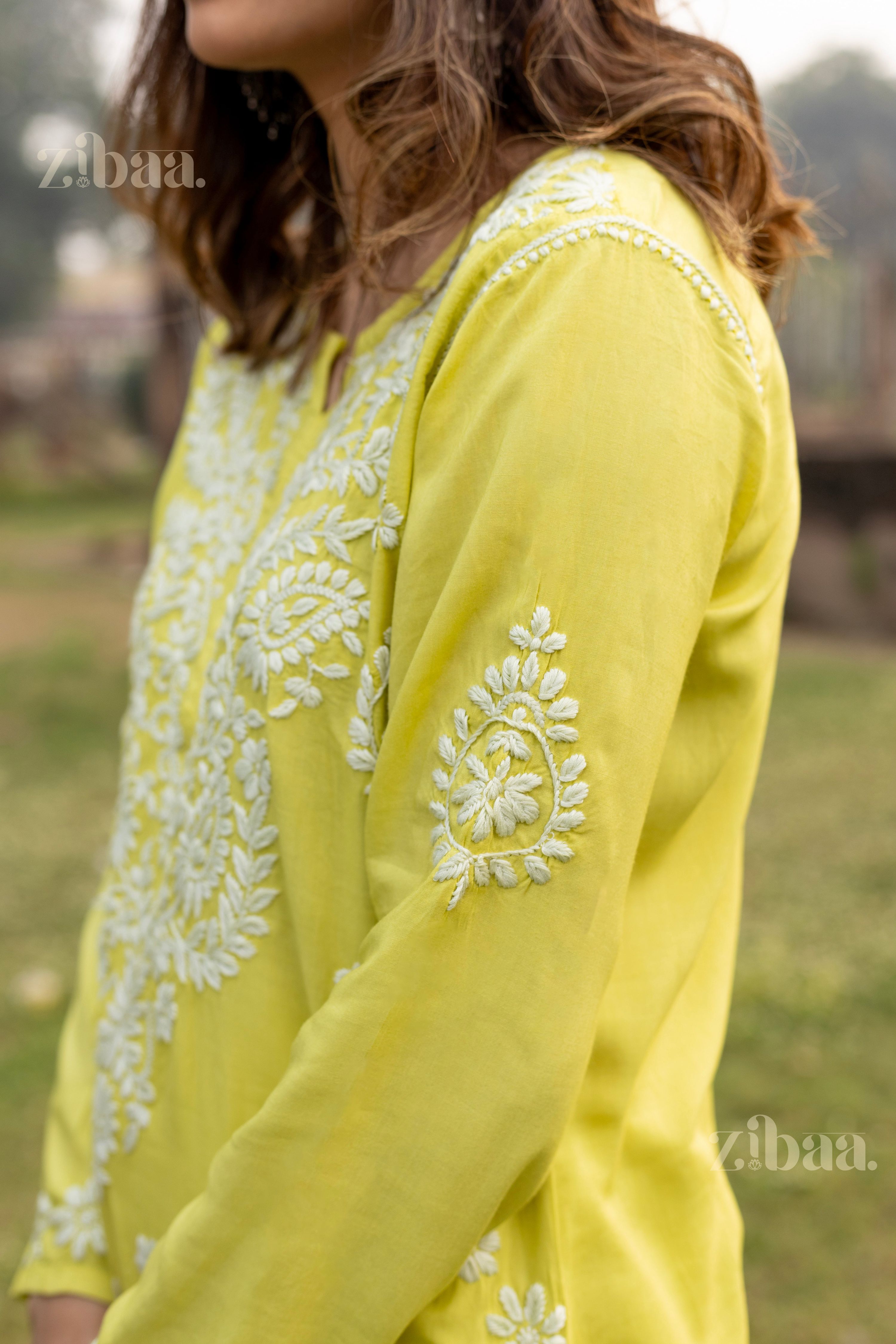 Zibaa Modal Olive Green Long Chikankari Kurti | Grocsy