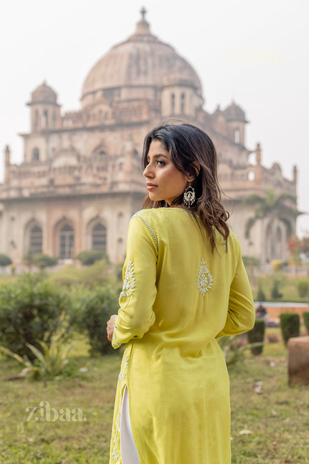 Zibaa Modal Olive Green Long Chikankari Kurti | Grocsy