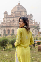 Zibaa Modal Olive Green Long Chikankari Kurti | Grocsy