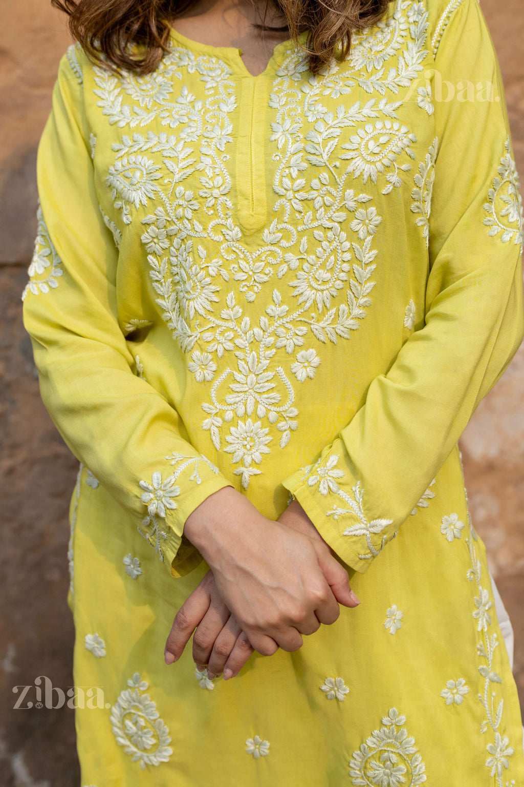Zibaa Modal Olive Green Long Chikankari Kurti | Grocsy