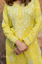 Zibaa Modal Olive Green Long Chikankari Kurti | Grocsy
