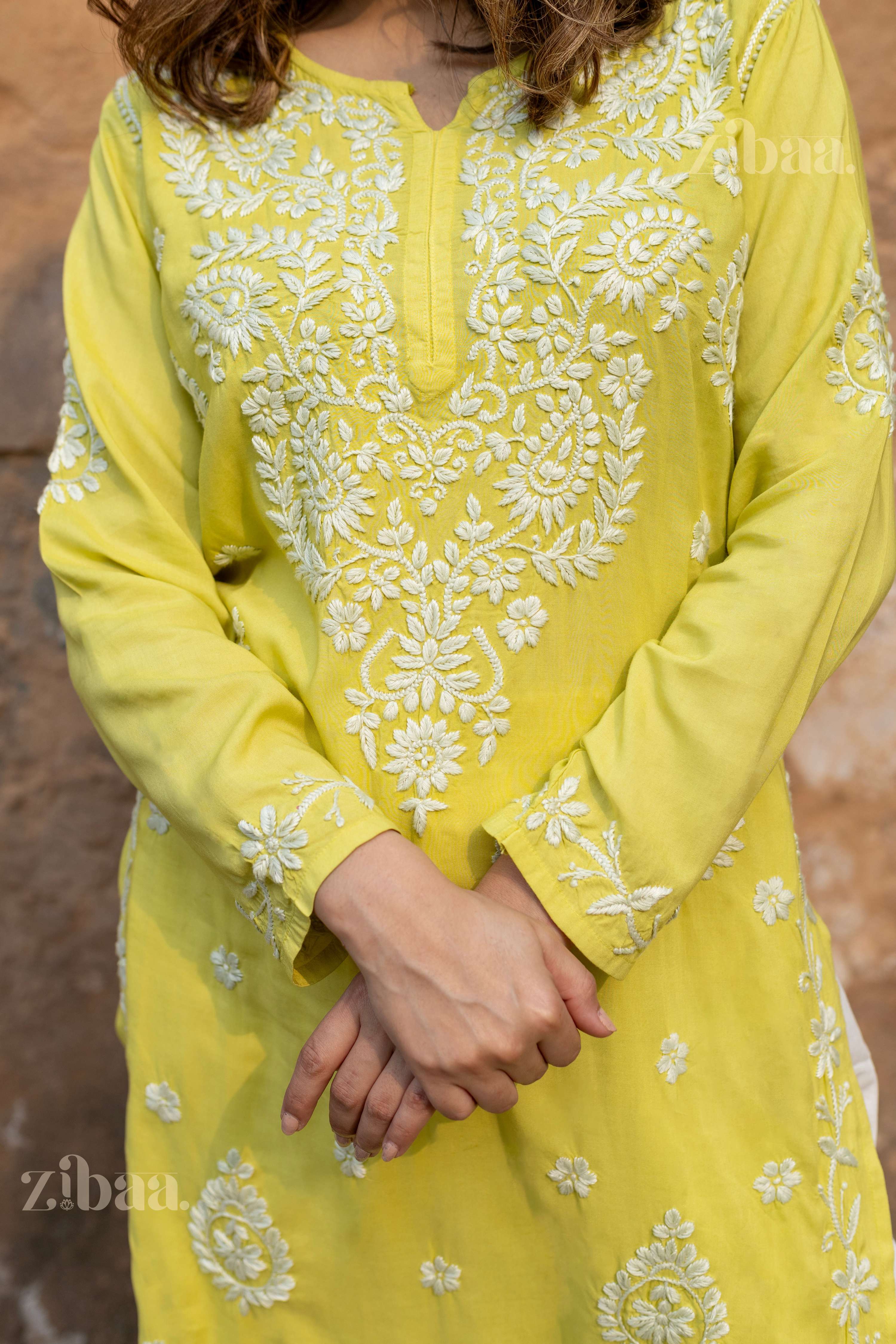 Zibaa Modal Olive Green Long Chikankari Kurti | Grocsy