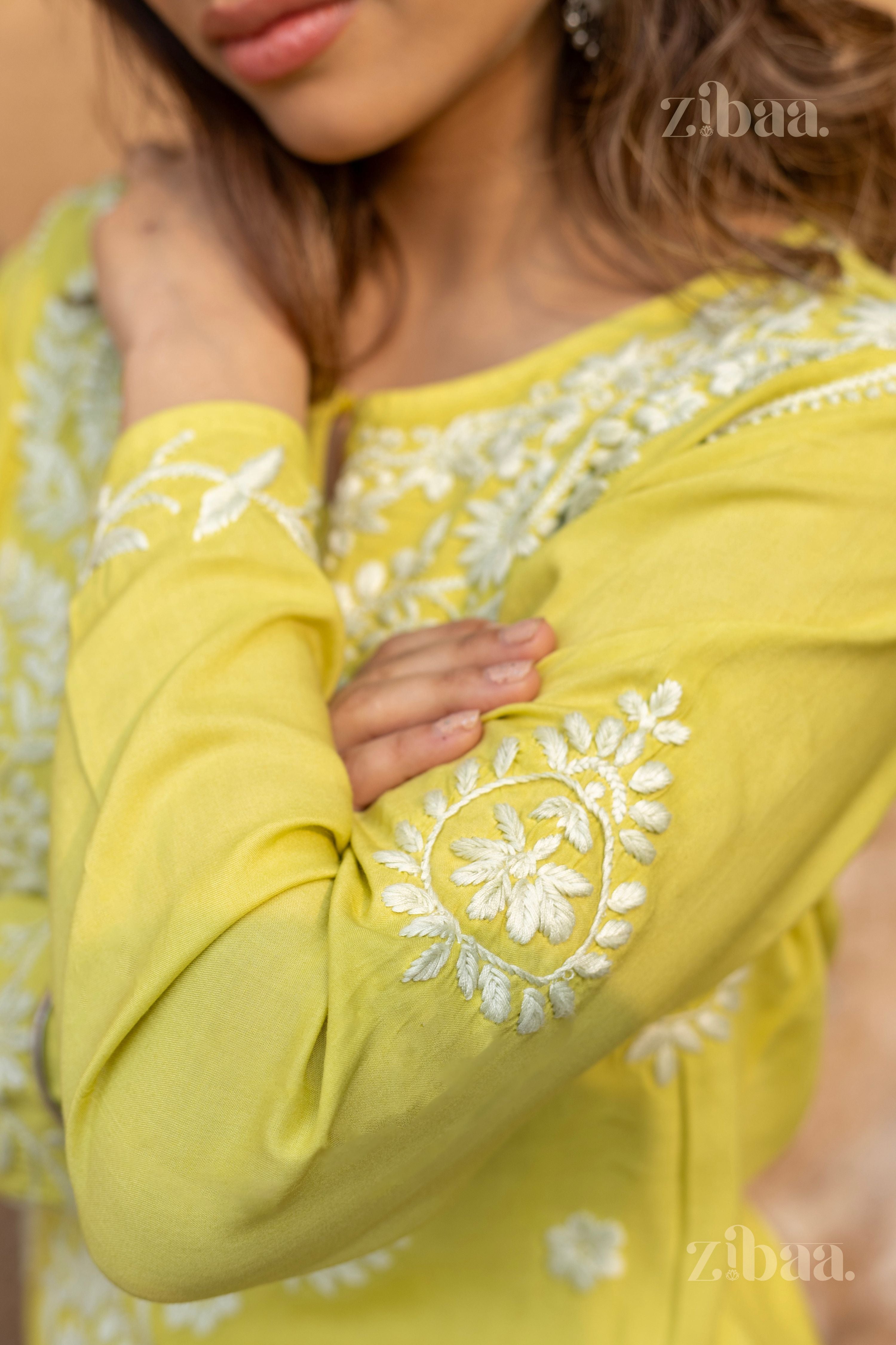 Zibaa Modal Olive Green Long Chikankari Kurti | Grocsy