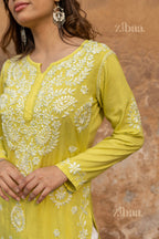 Zibaa Modal Olive Green Long Chikankari Kurti | Grocsy