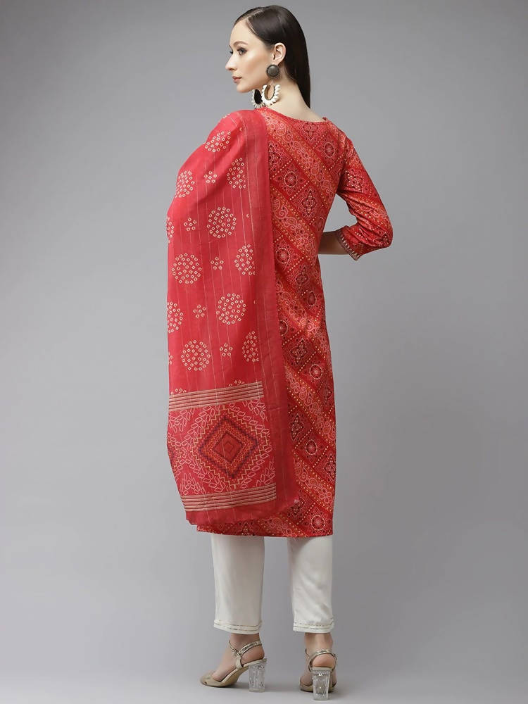 Yufta Women Red Bandhani Printed Regular Gotta Patti Kurta with Palazzo & With Dupatta | Grocsy