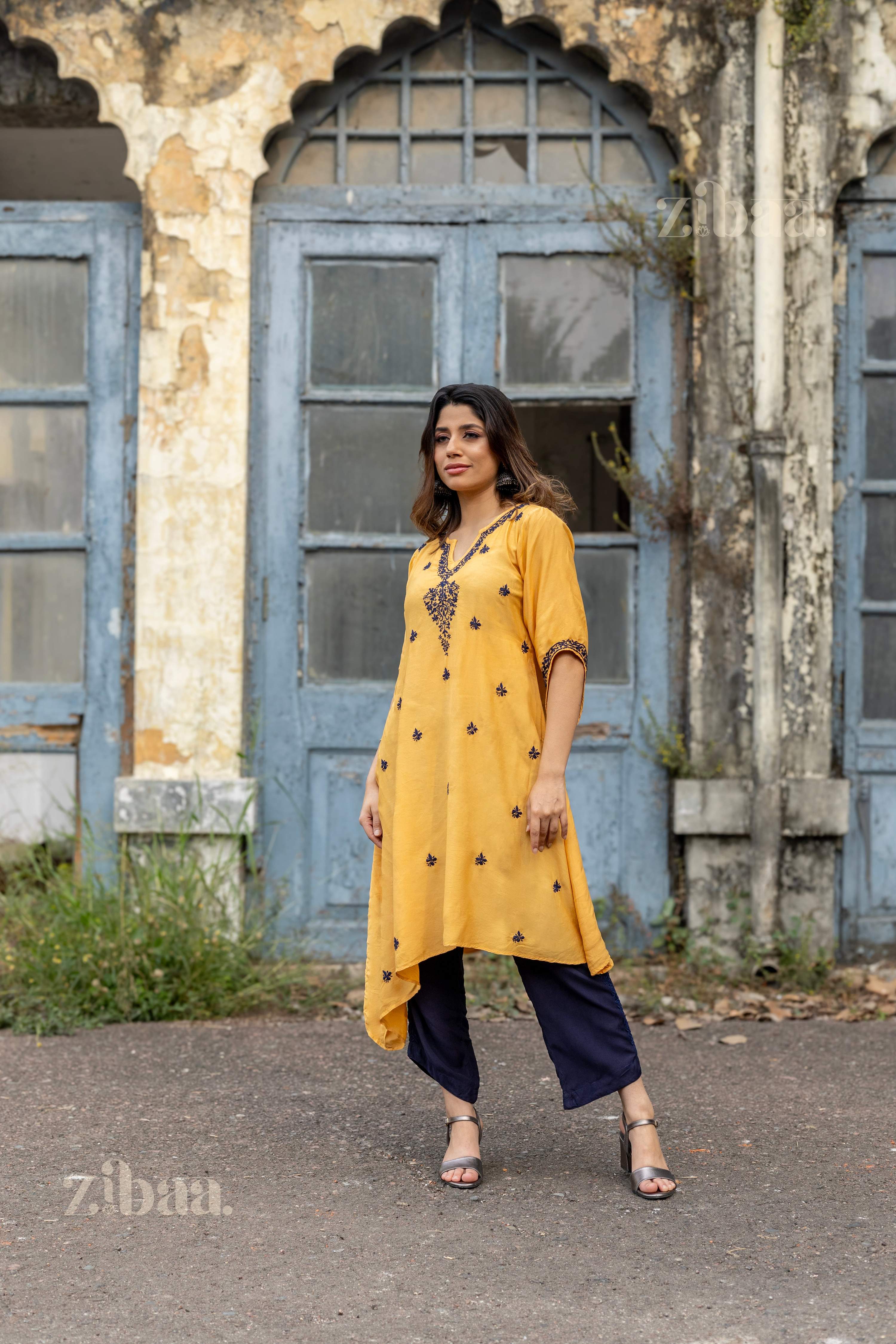Zibaa Muslin Golden Beige Chikankari Co-ord Set | Grocsy