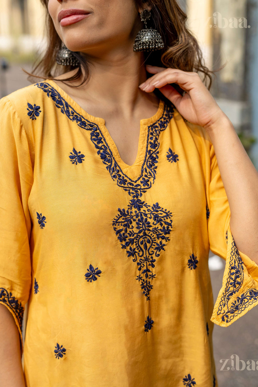 Zibaa Muslin Golden Beige Chikankari Co-ord Set | Grocsy