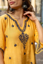 Zibaa Muslin Golden Beige Chikankari Co-ord Set | Grocsy
