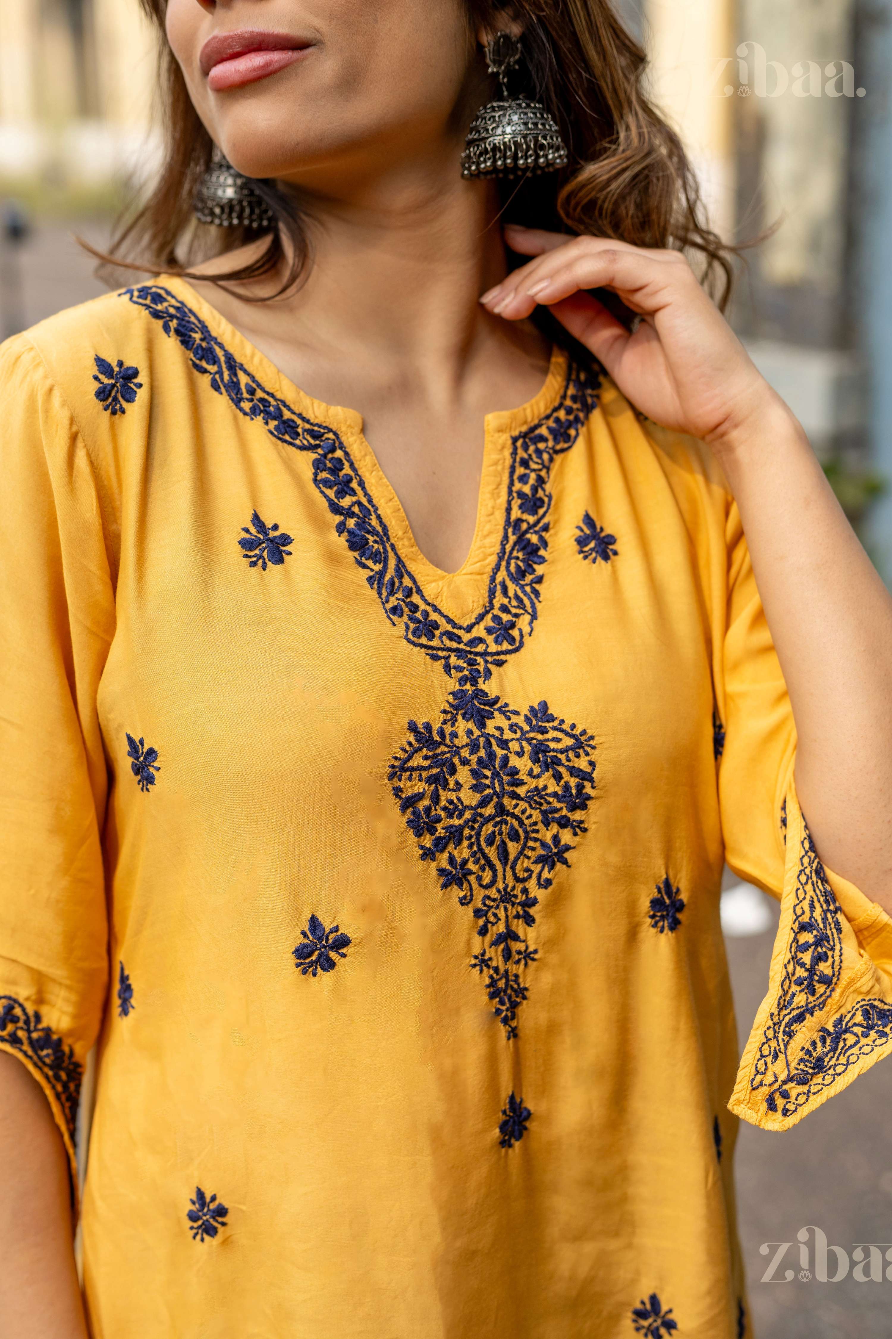 Zibaa Muslin Golden Beige Chikankari Co-ord Set | Grocsy
