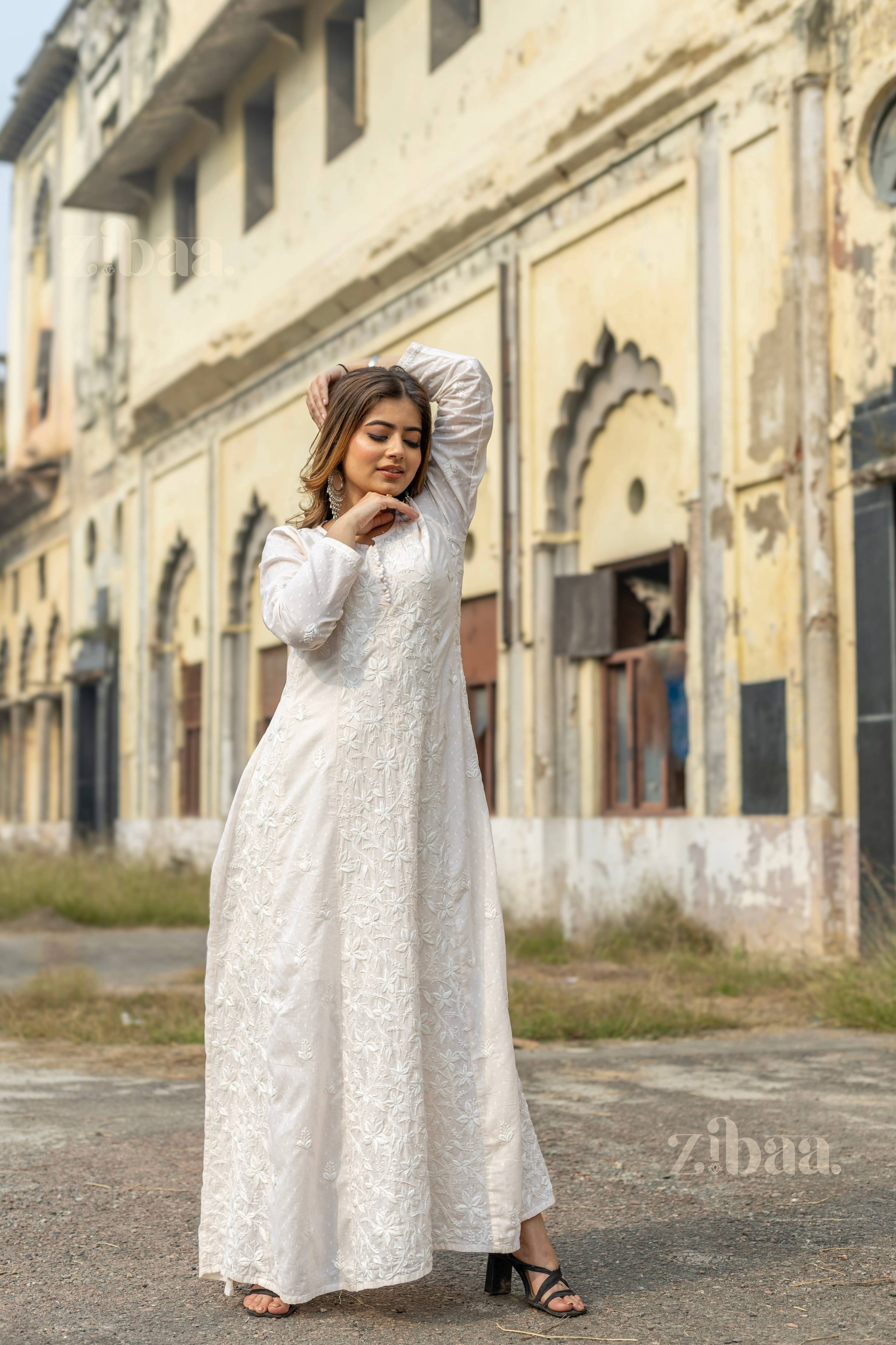 Zibaa Cotton Ivory Chikankari Anarkali | Grocsy