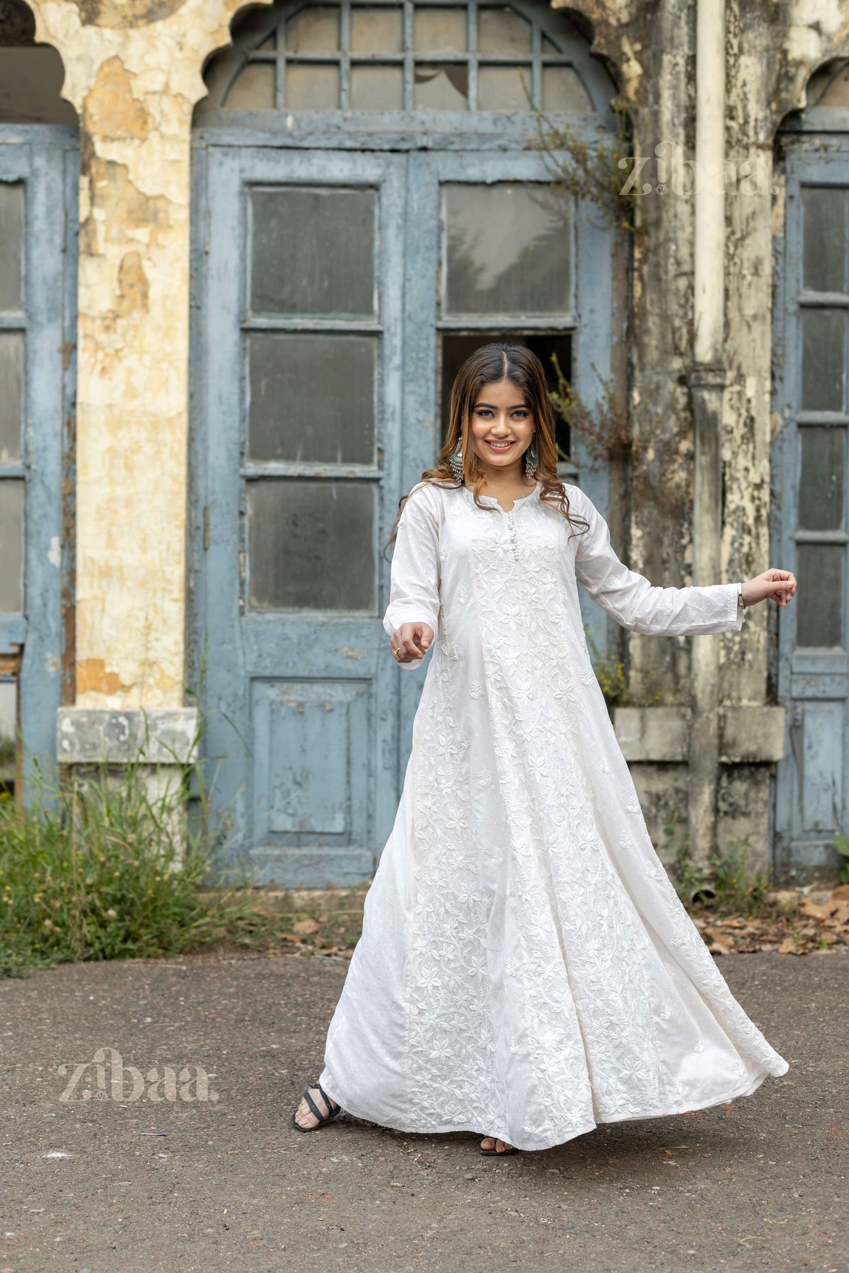 Zibaa Cotton Ivory Chikankari Anarkali | Grocsy