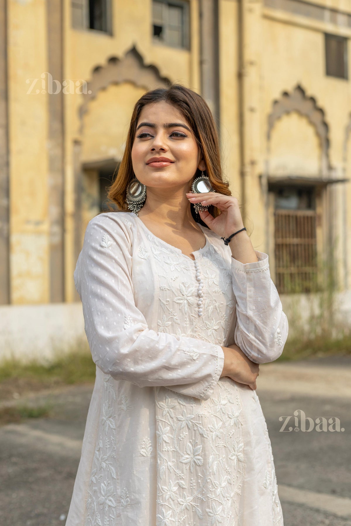 Zibaa Cotton Ivory Chikankari Anarkali | Grocsy