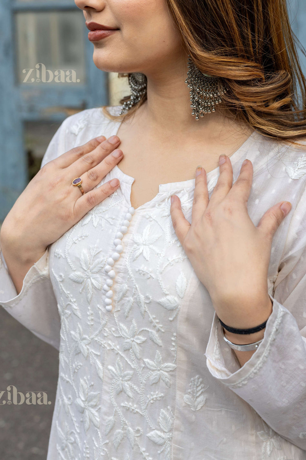 Zibaa Cotton Ivory Chikankari Anarkali | Grocsy