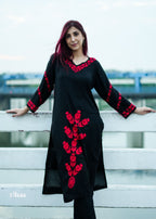 Zibaa Modal Red & Black Chikankari Kurta | Grocsy