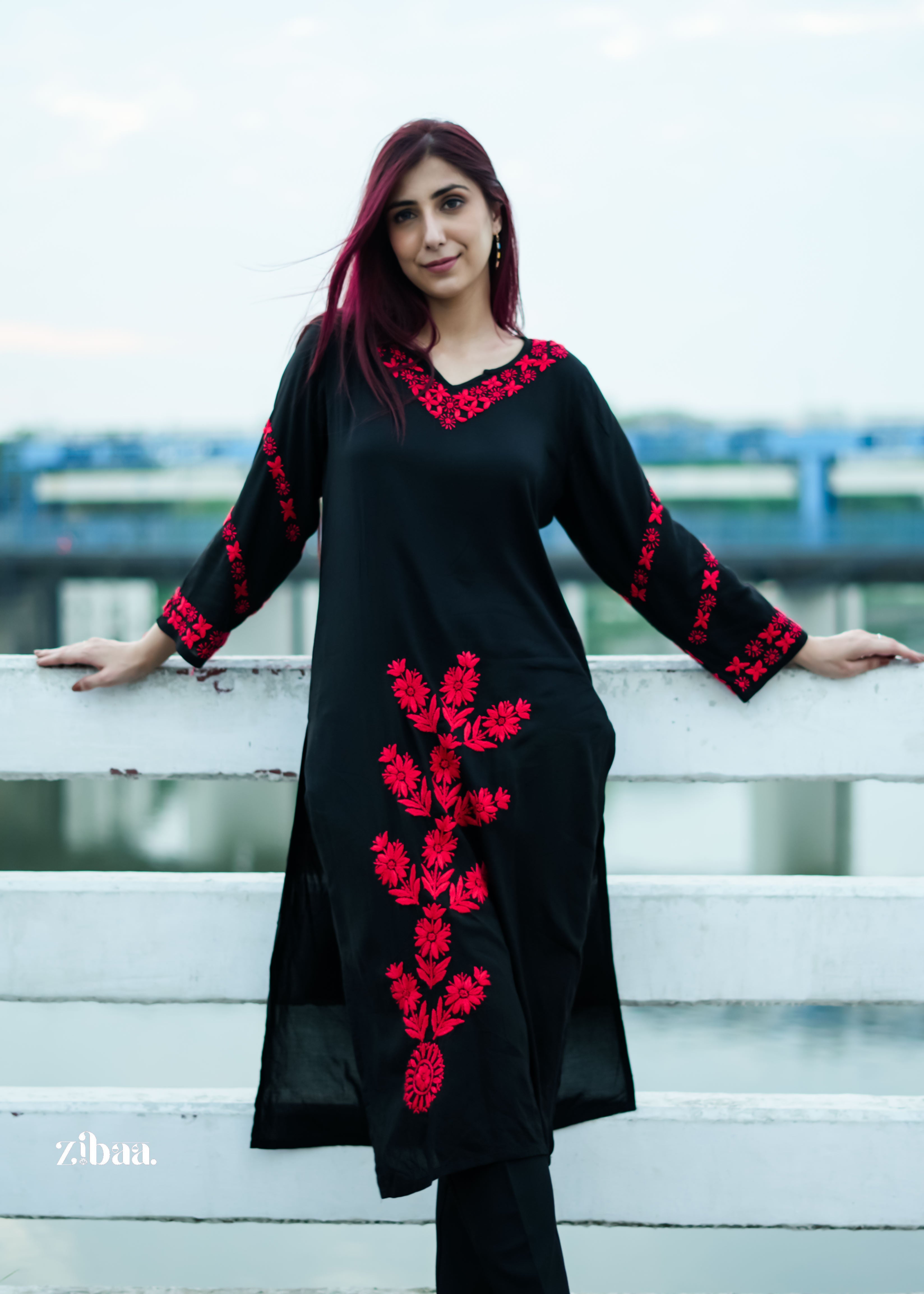Zibaa Modal Red & Black Chikankari Kurta | Grocsy