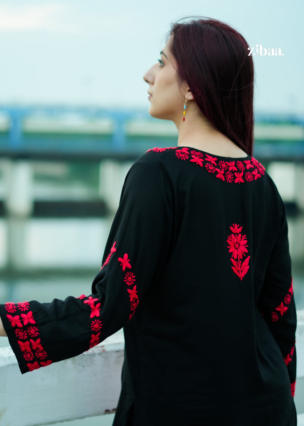 Zibaa Modal Red & Black Chikankari Kurta | Grocsy