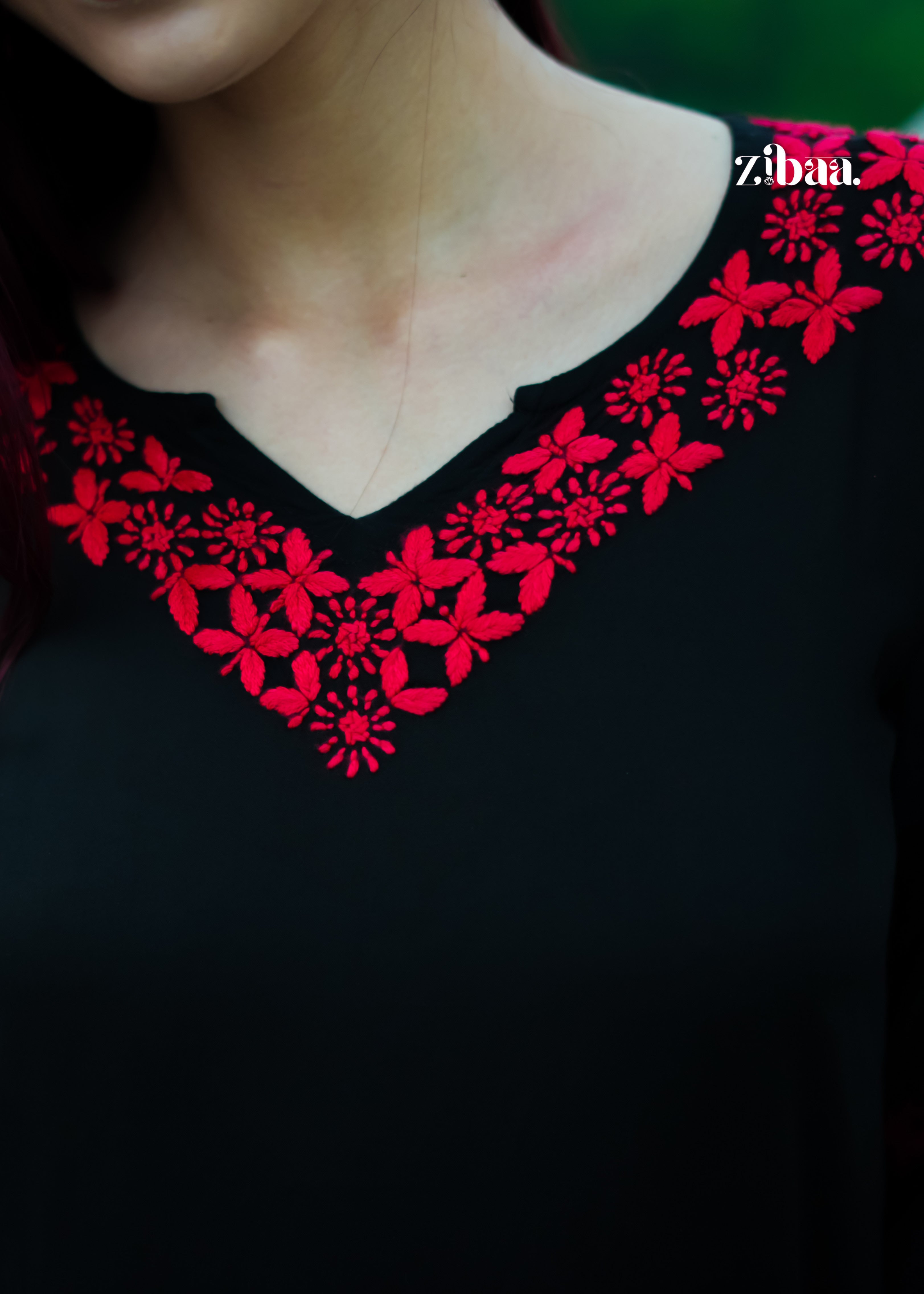 Zibaa Modal Red & Black Chikankari Kurta | Grocsy