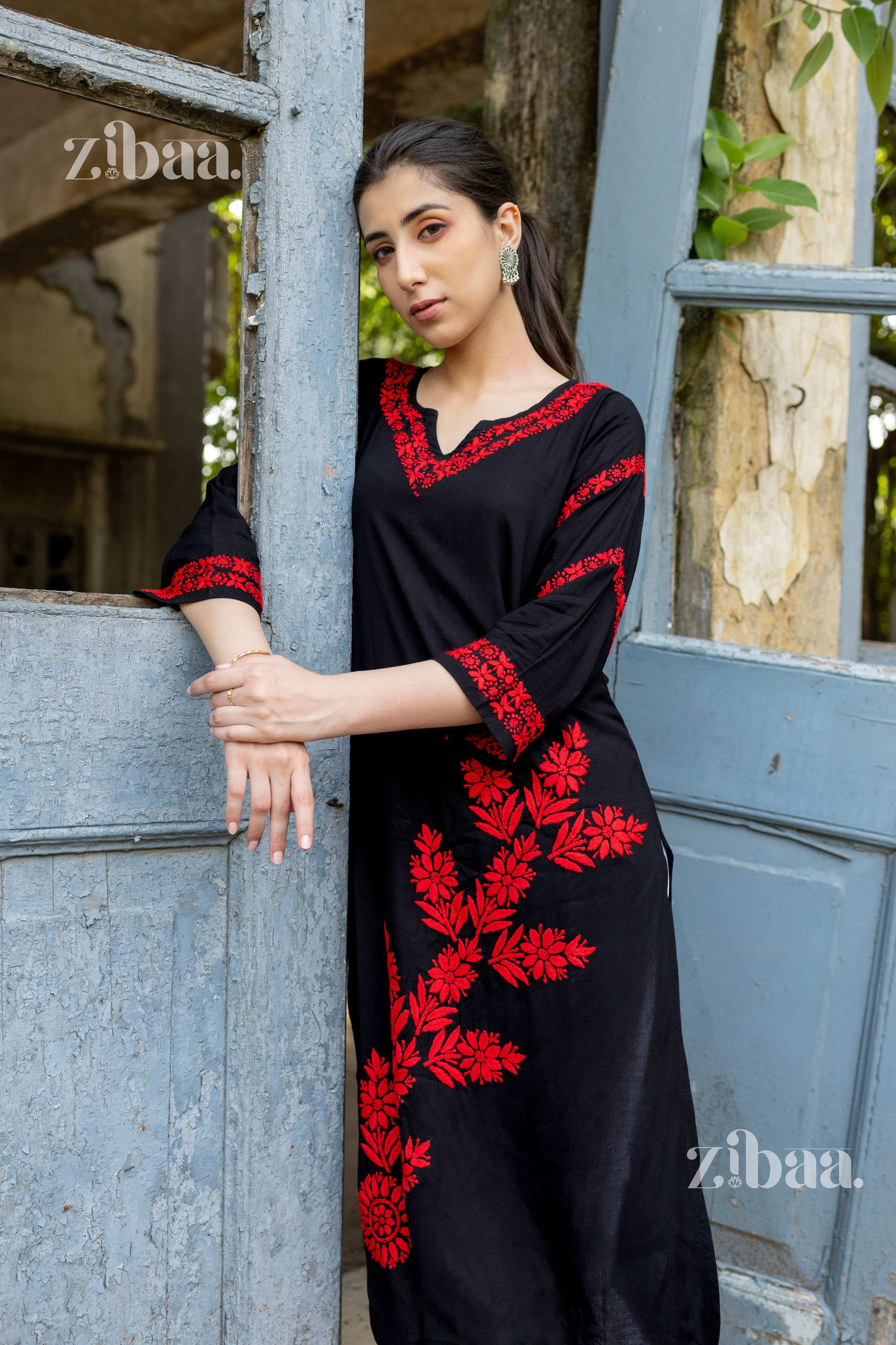 Zibaa Modal Red & Black Chikankari Kurta | Grocsy