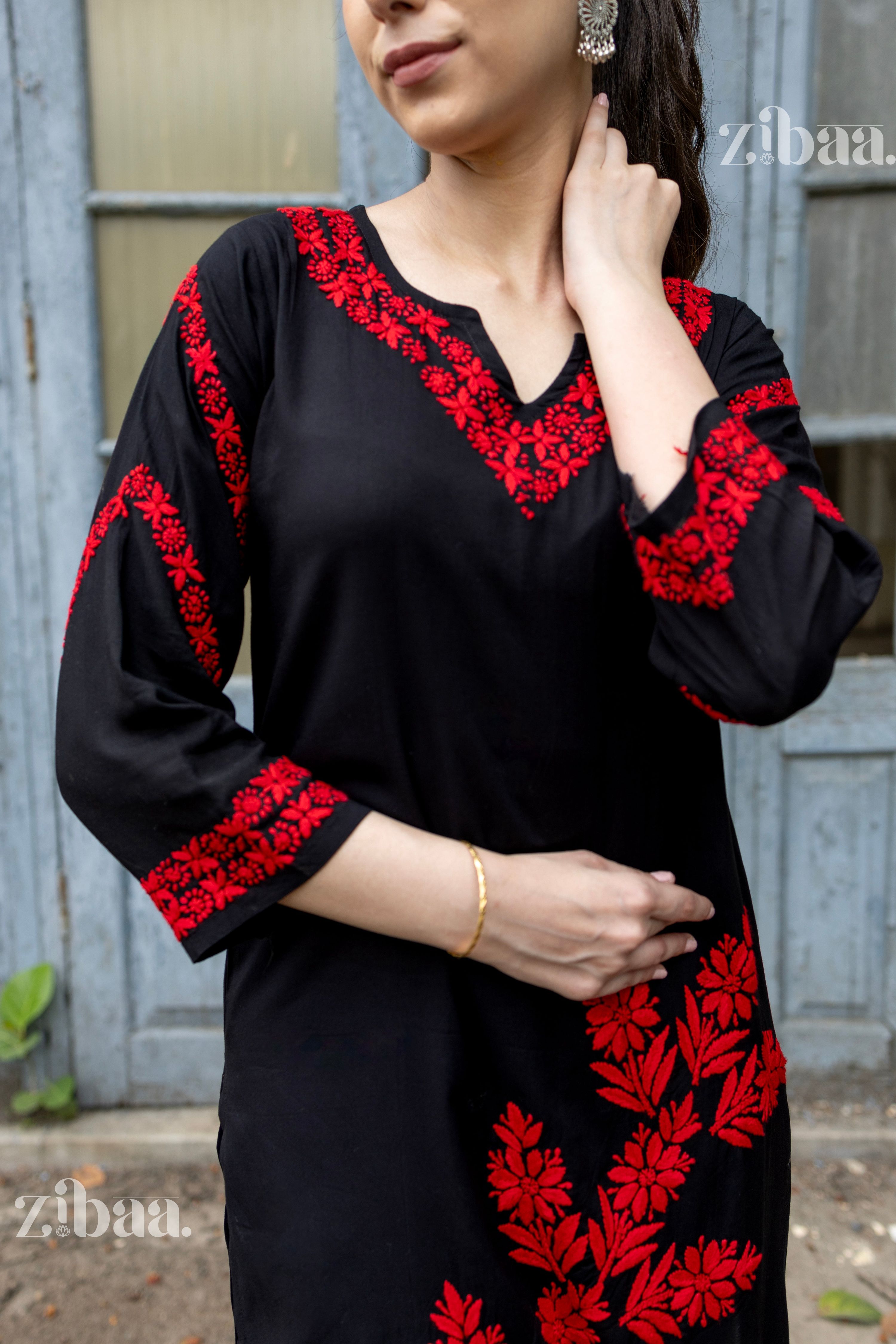 Zibaa Modal Red & Black Chikankari Kurta | Grocsy