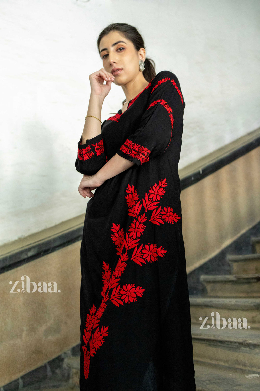 Zibaa Modal Red & Black Chikankari Kurta | Grocsy
