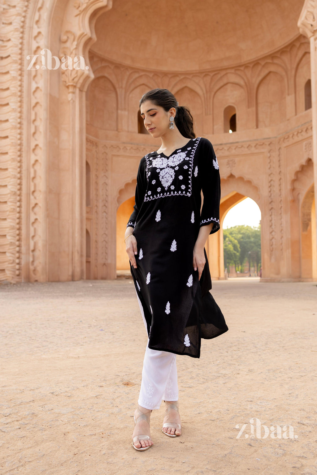 Zibaa Modal White & Black Chikankari Kurti | Grocsy