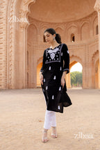 Zibaa Modal White & Black Chikankari Kurti | Grocsy