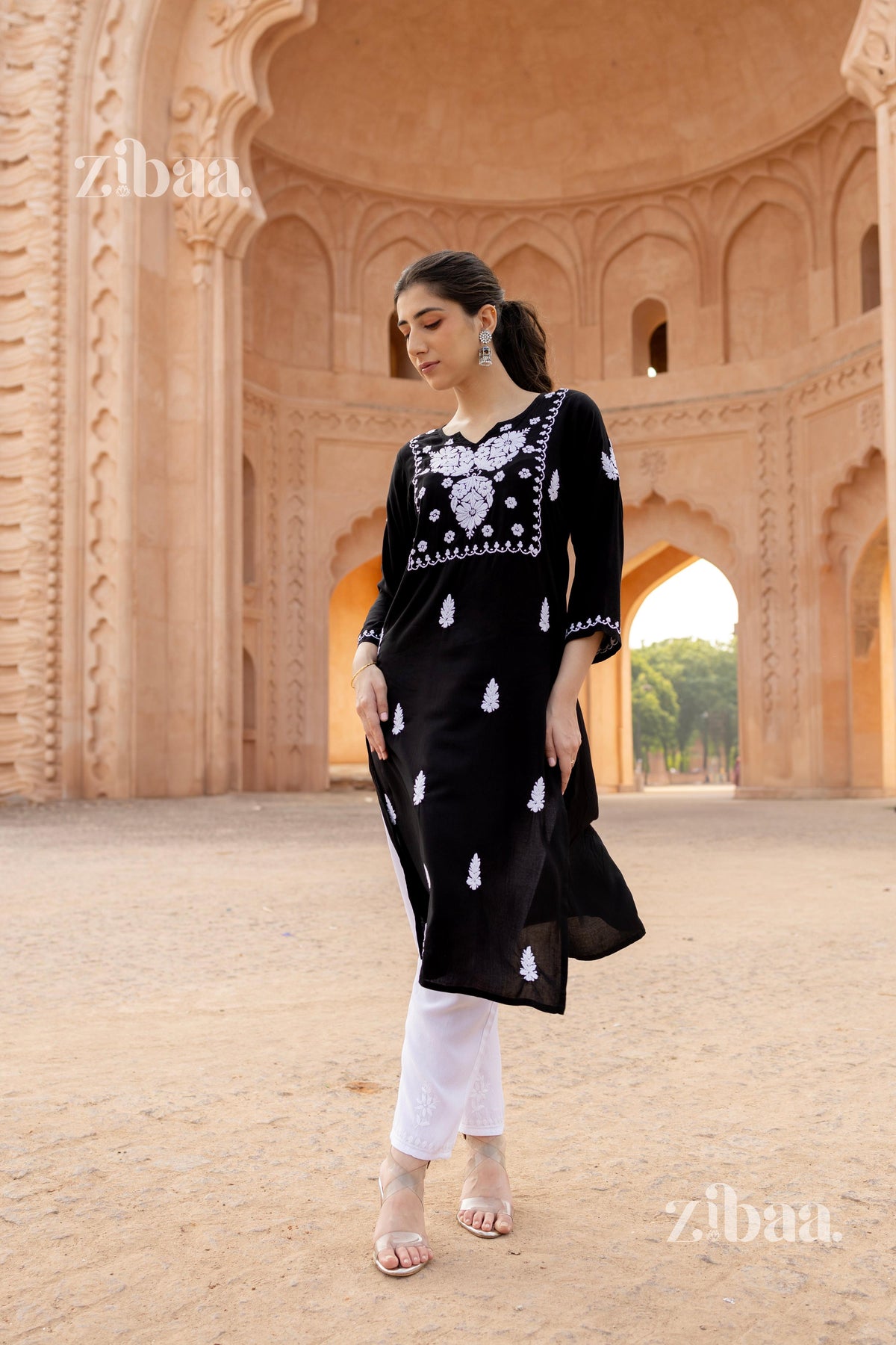 Zibaa Modal White & Black Chikankari Kurti | Grocsy
