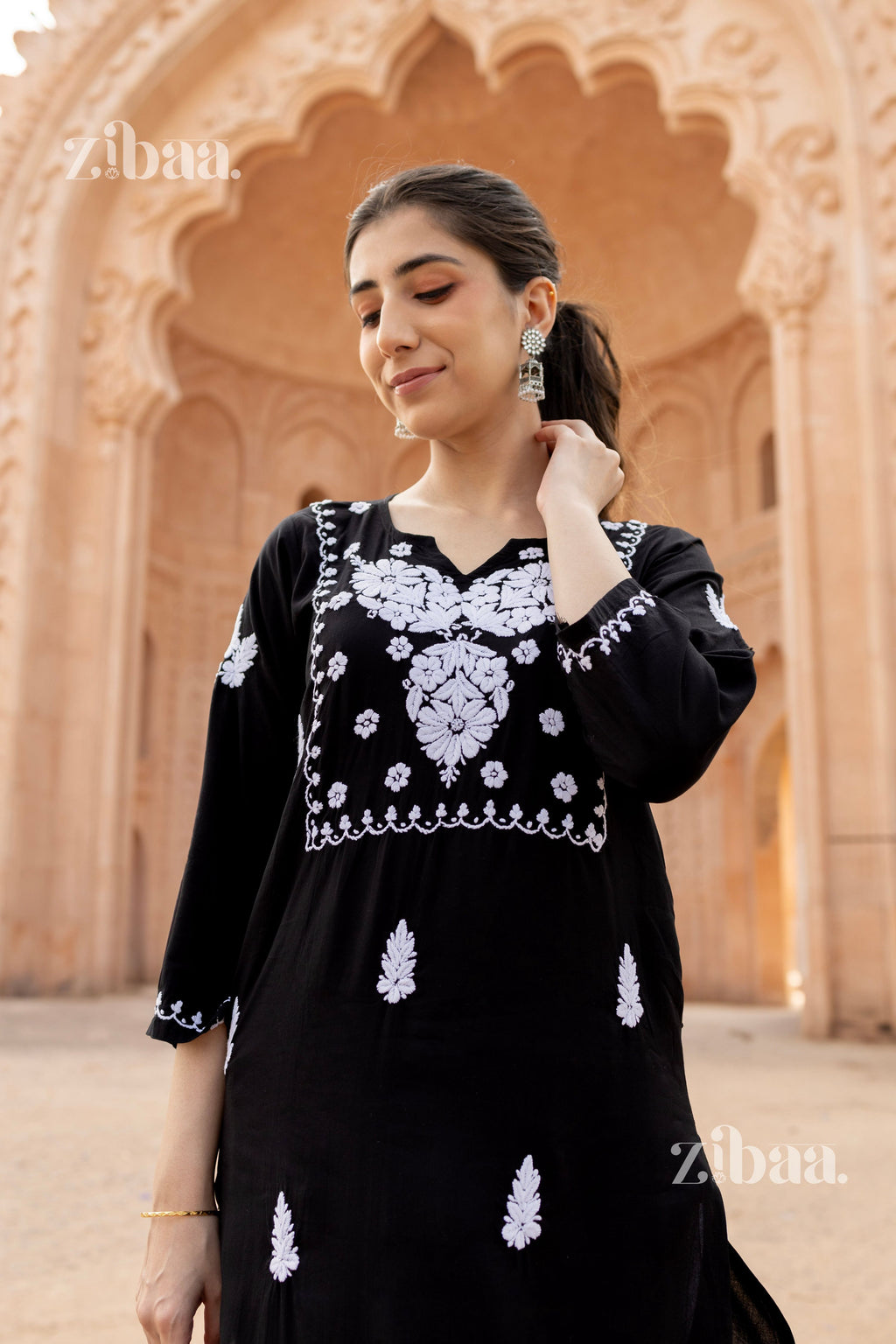 Zibaa Modal White & Black Chikankari Kurti | Grocsy
