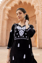 Zibaa Modal White & Black Chikankari Kurti | Grocsy