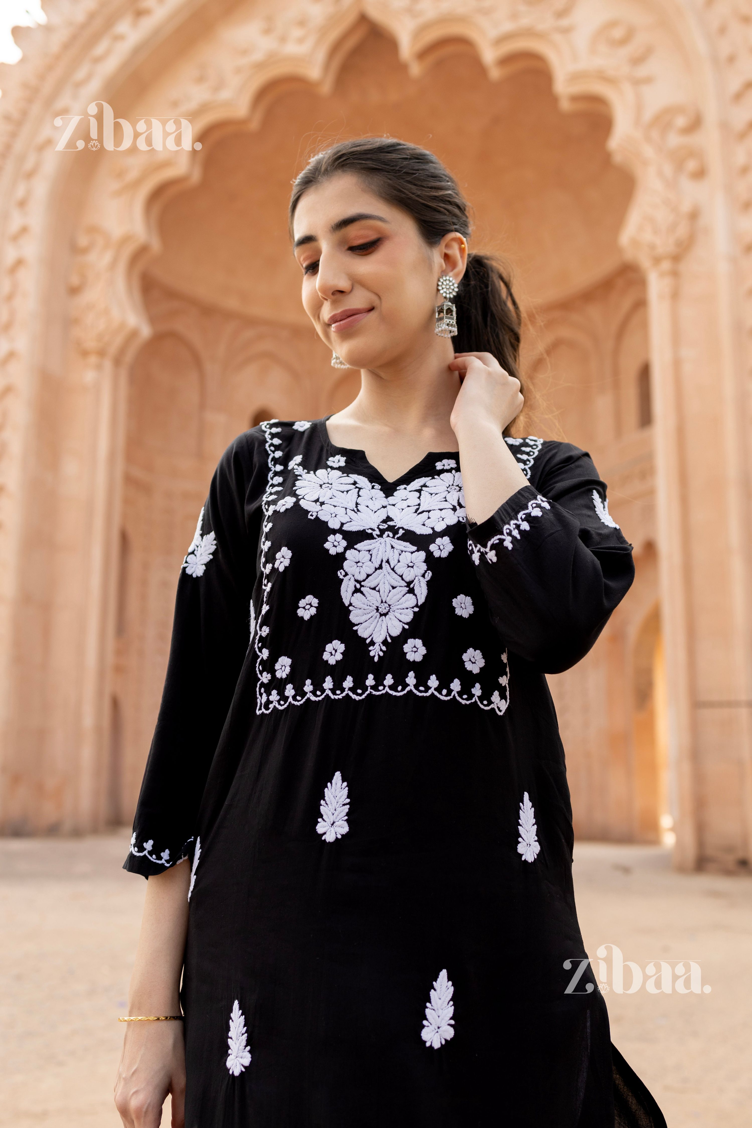 Zibaa Modal White & Black Chikankari Kurti | Grocsy