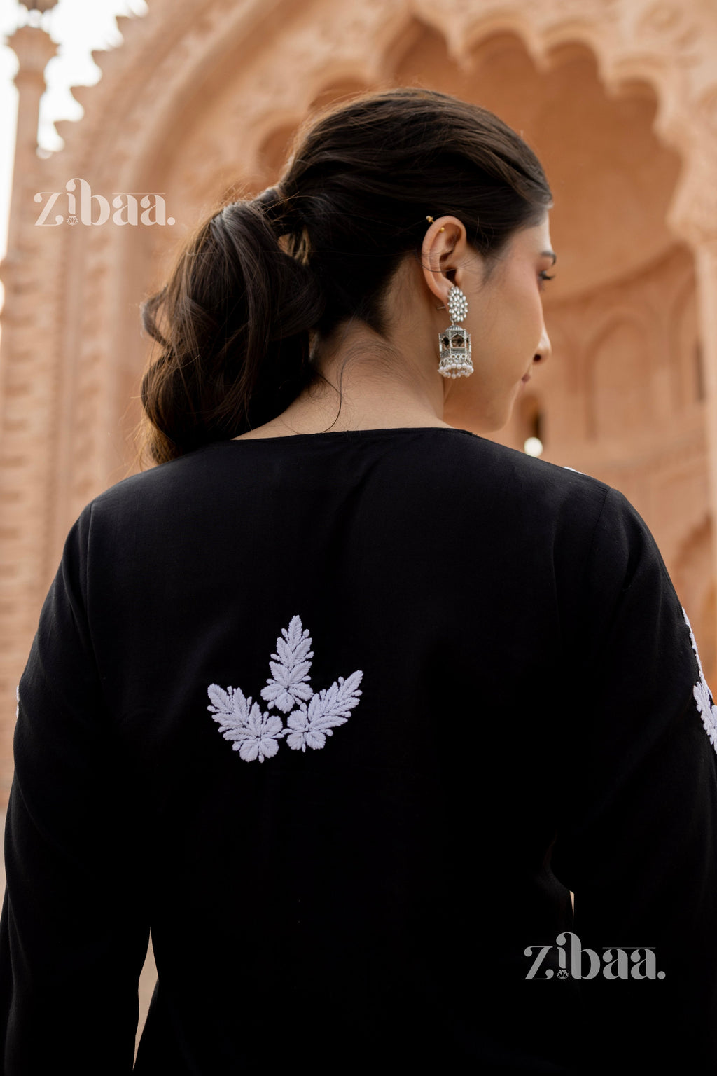 Zibaa Modal White & Black Chikankari Kurti | Grocsy