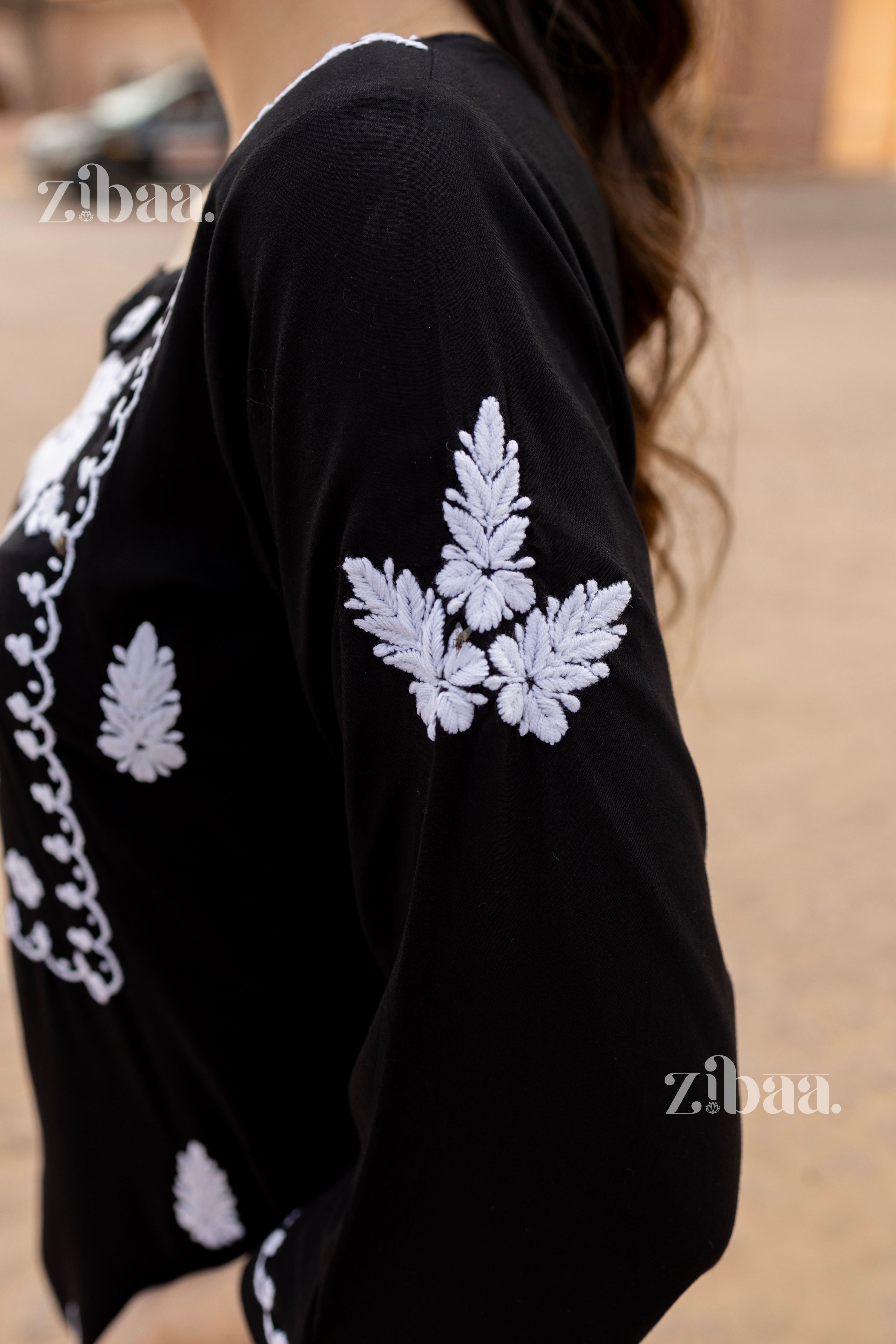 Zibaa Modal White & Black Chikankari Kurti | Grocsy