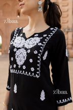 Zibaa Modal White & Black Chikankari Kurti | Grocsy