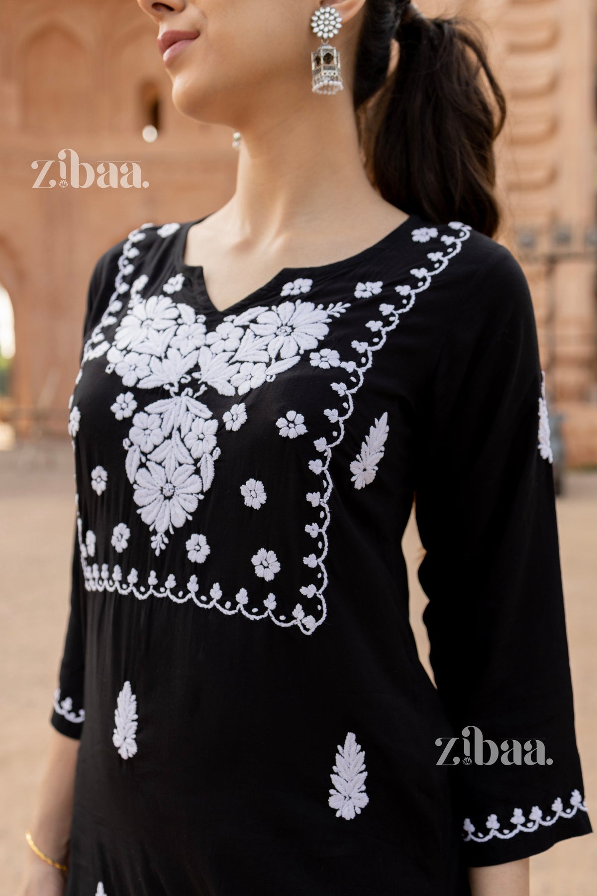 Zibaa Modal White & Black Chikankari Kurti | Grocsy
