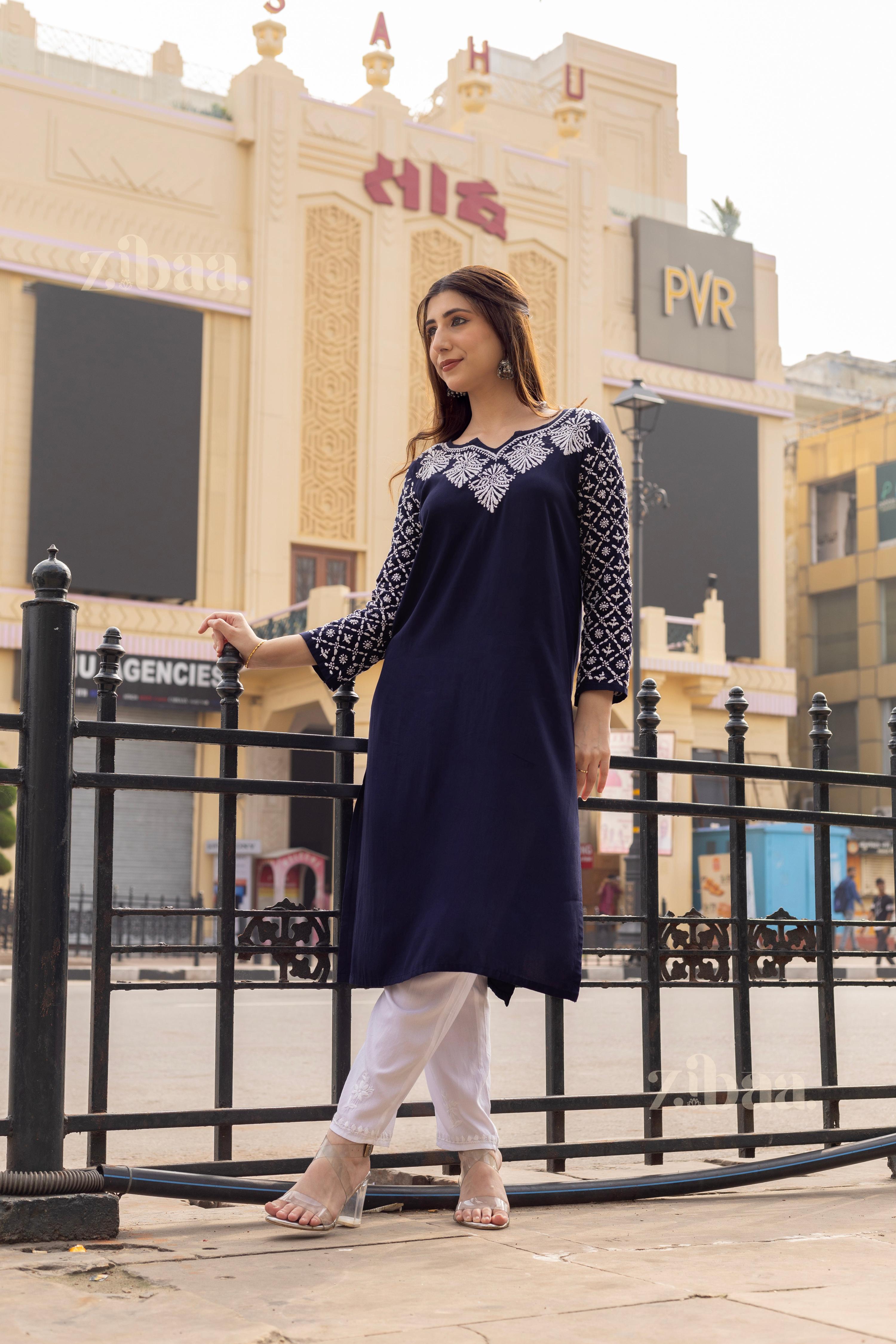 Zibaa Rayon Chikankari Kurti with Jaal work | Grocsy