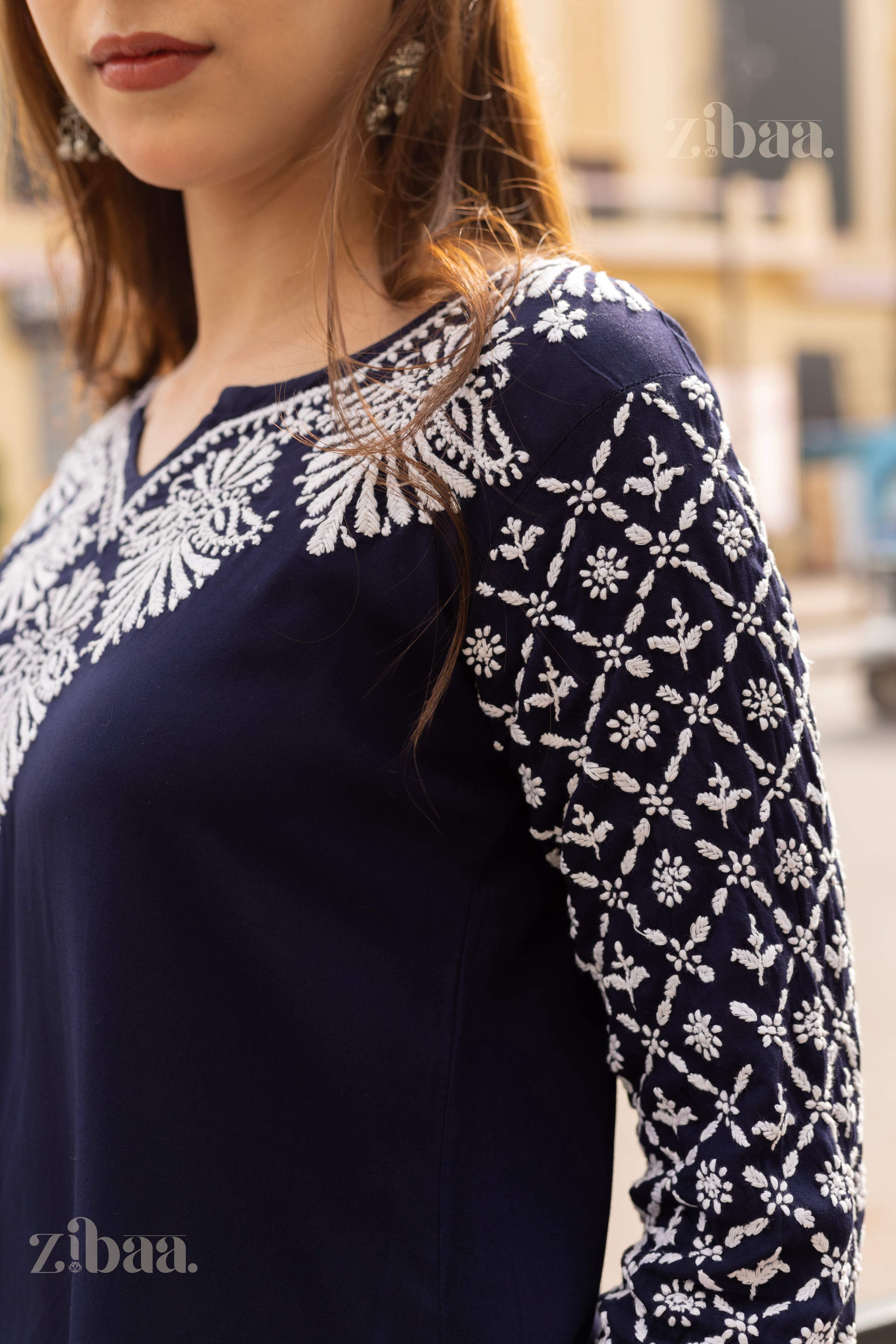 Zibaa Rayon Chikankari Kurti with Jaal work | Grocsy