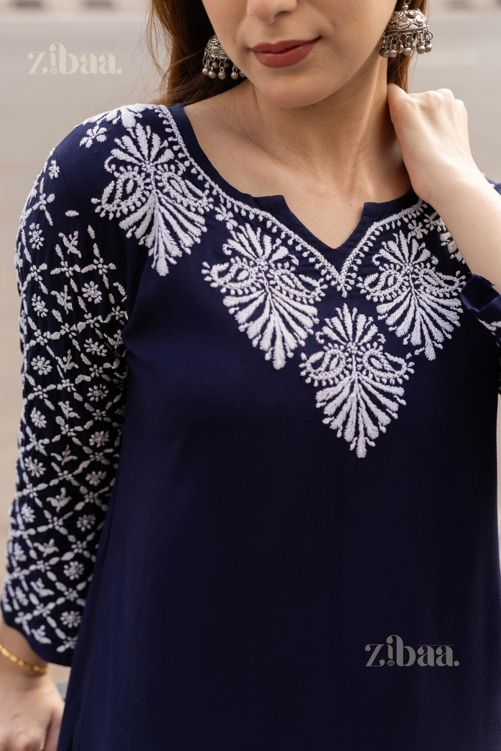 Zibaa Rayon Chikankari Kurti with Jaal work | Grocsy