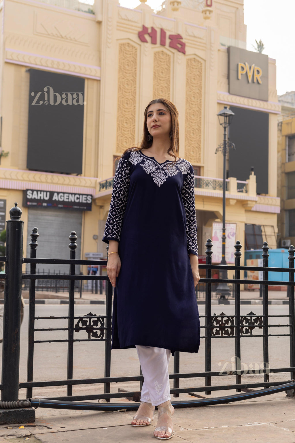 Zibaa Rayon Chikankari Kurti with Jaal work | Grocsy