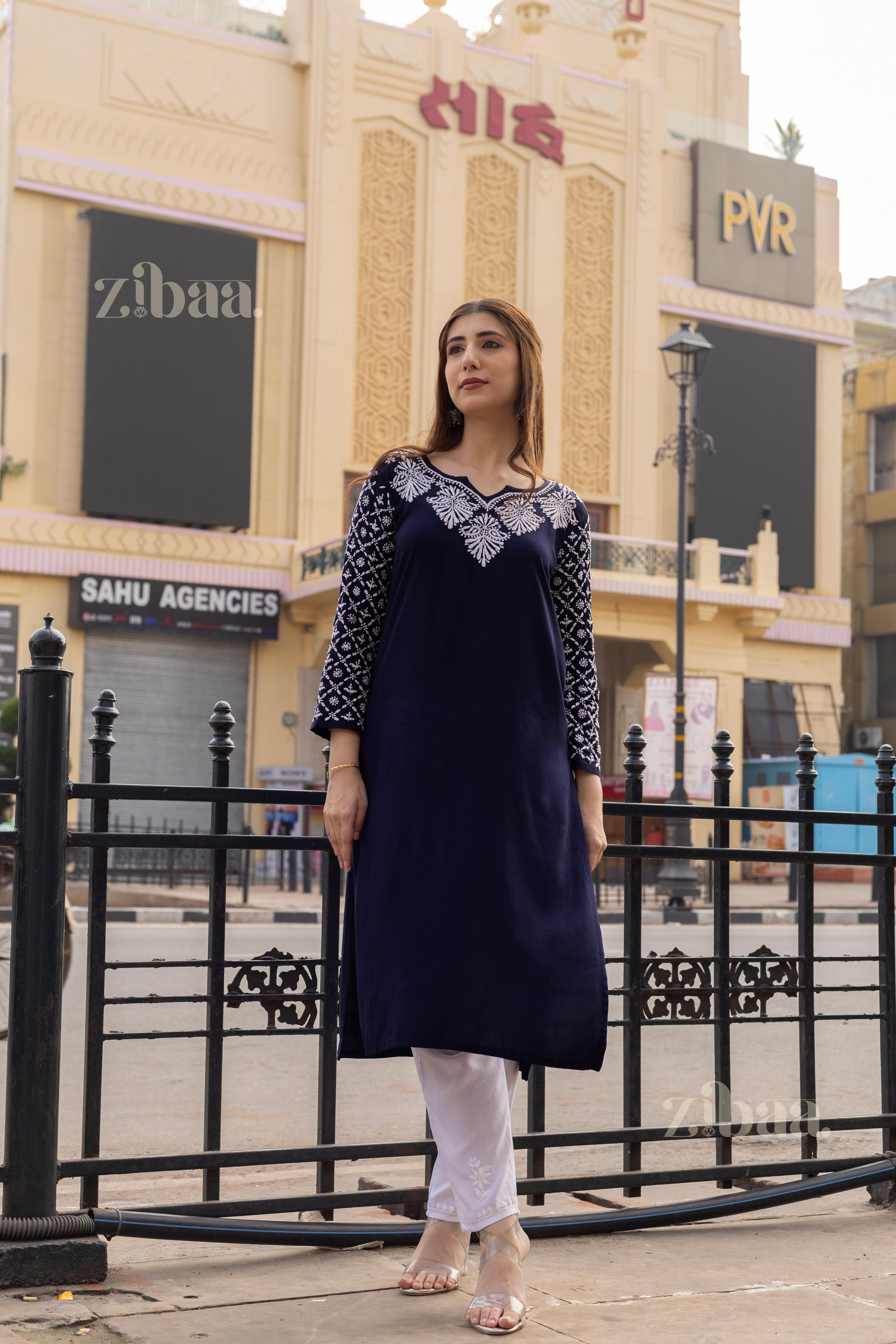 Zibaa Rayon Chikankari Kurti with Jaal work | Grocsy