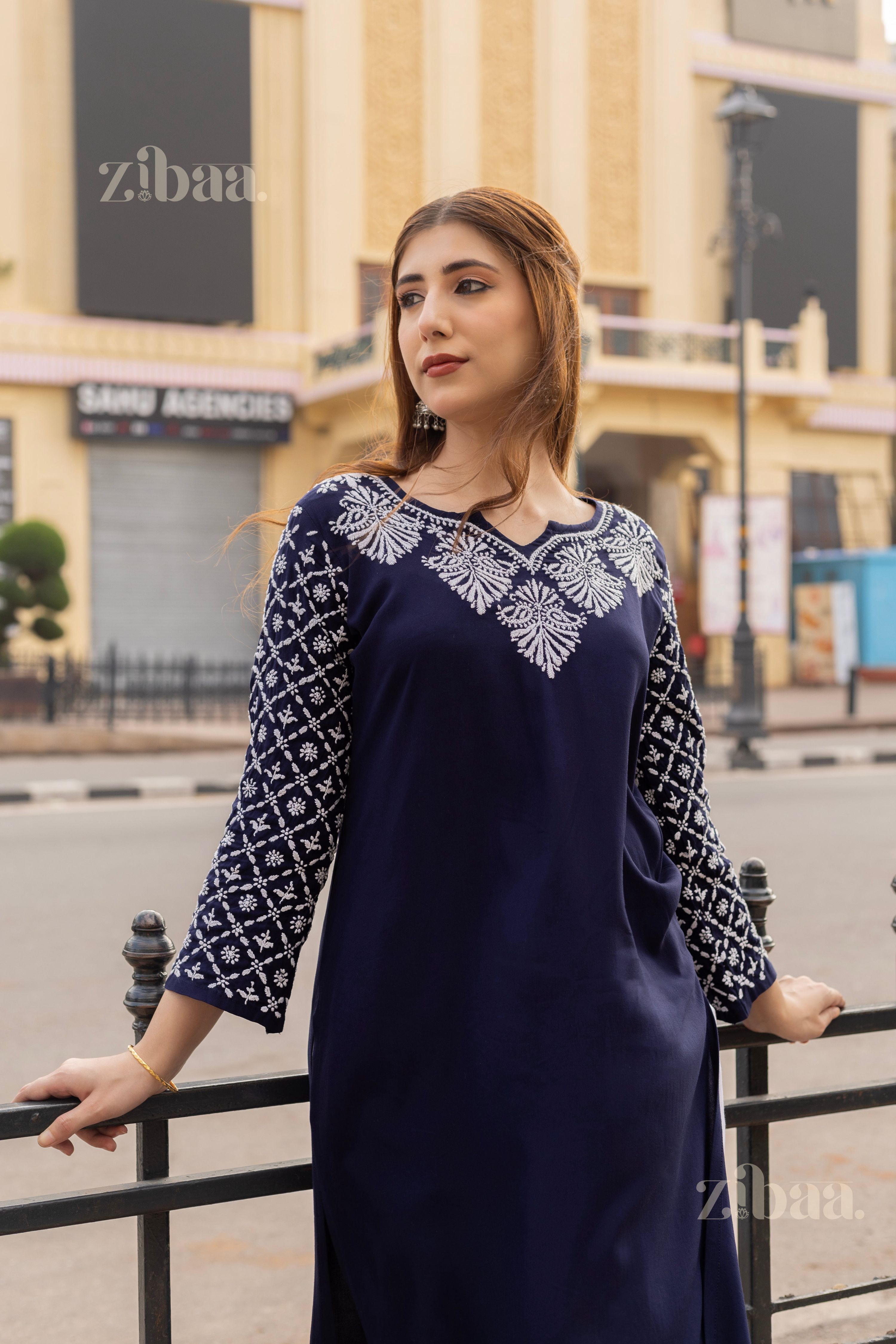 Zibaa Rayon Chikankari Kurti with Jaal work | Grocsy