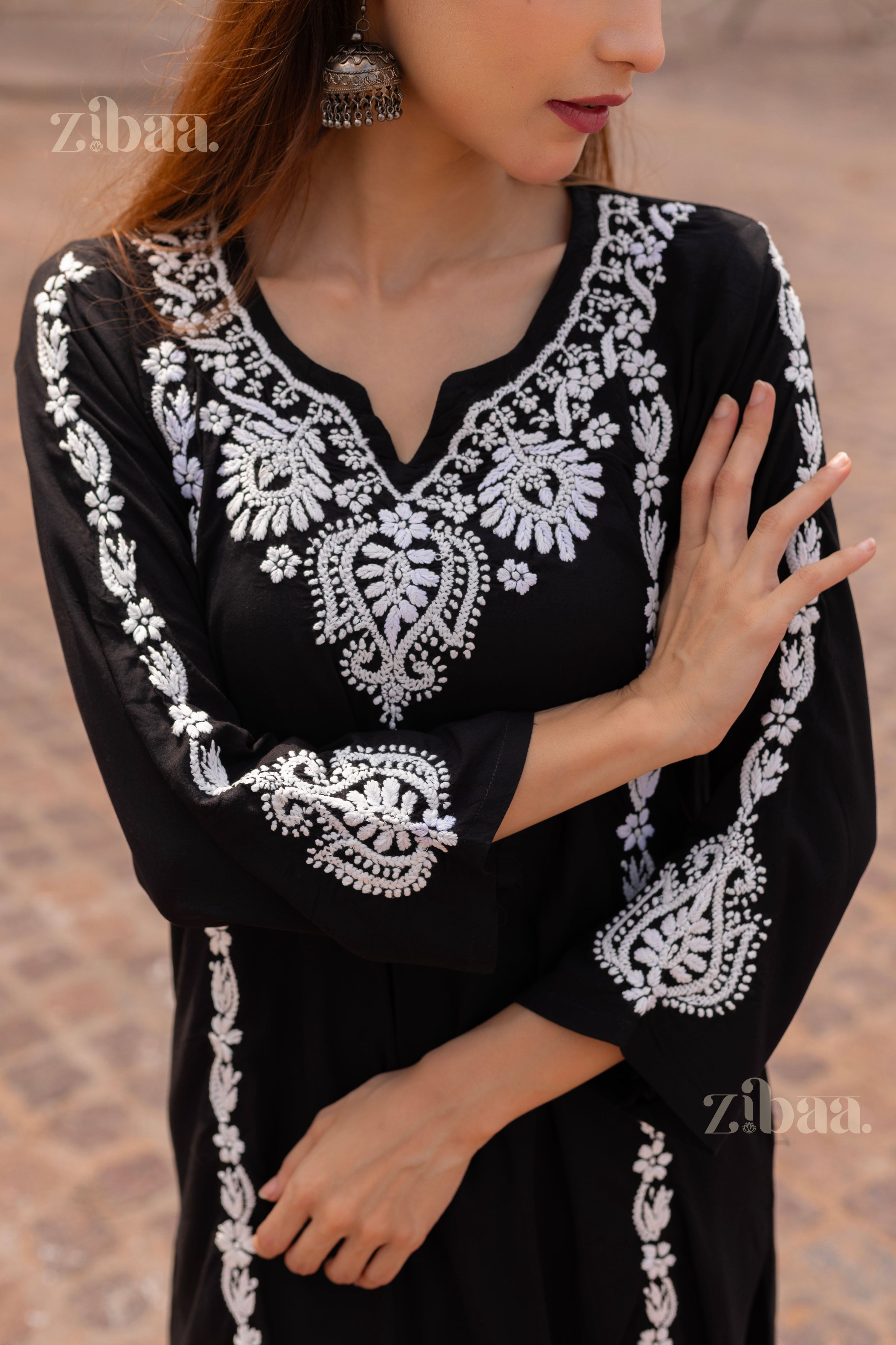 Zibaa Modal Black Chikankari Kurti | Grocsy