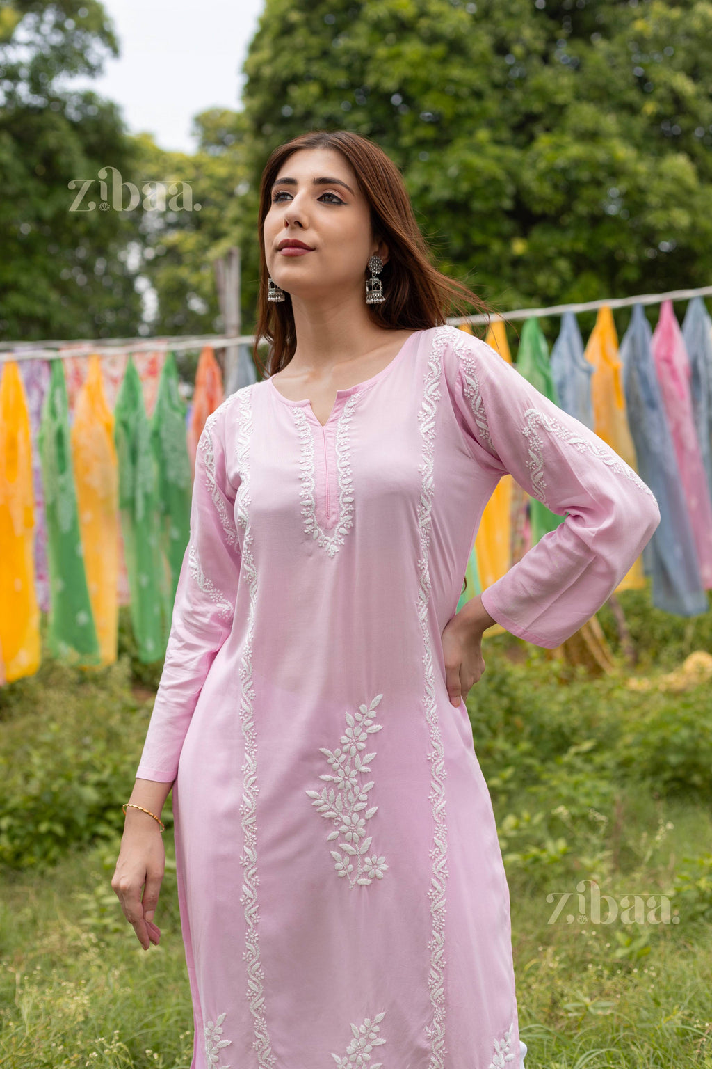Zibaa Modal Pink Chikankari Kurti | Grocsy