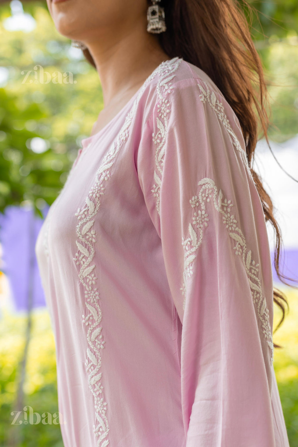 Zibaa Modal Pink Chikankari Kurti | Grocsy