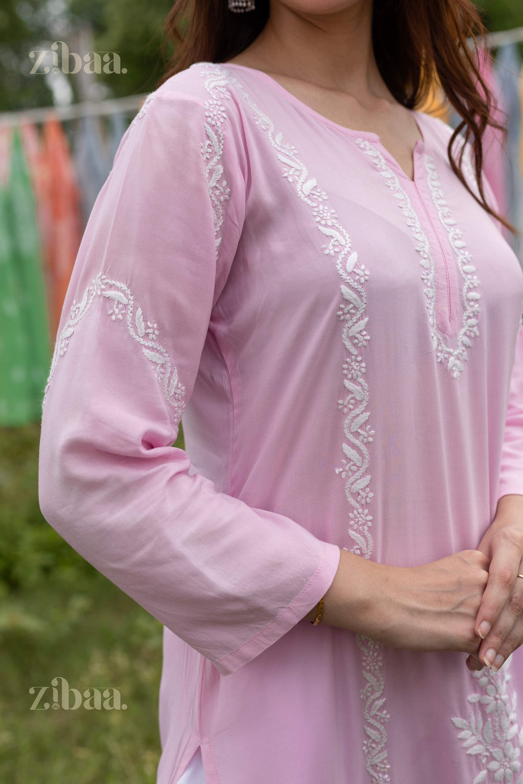 Zibaa Modal Pink Chikankari Kurti | Grocsy