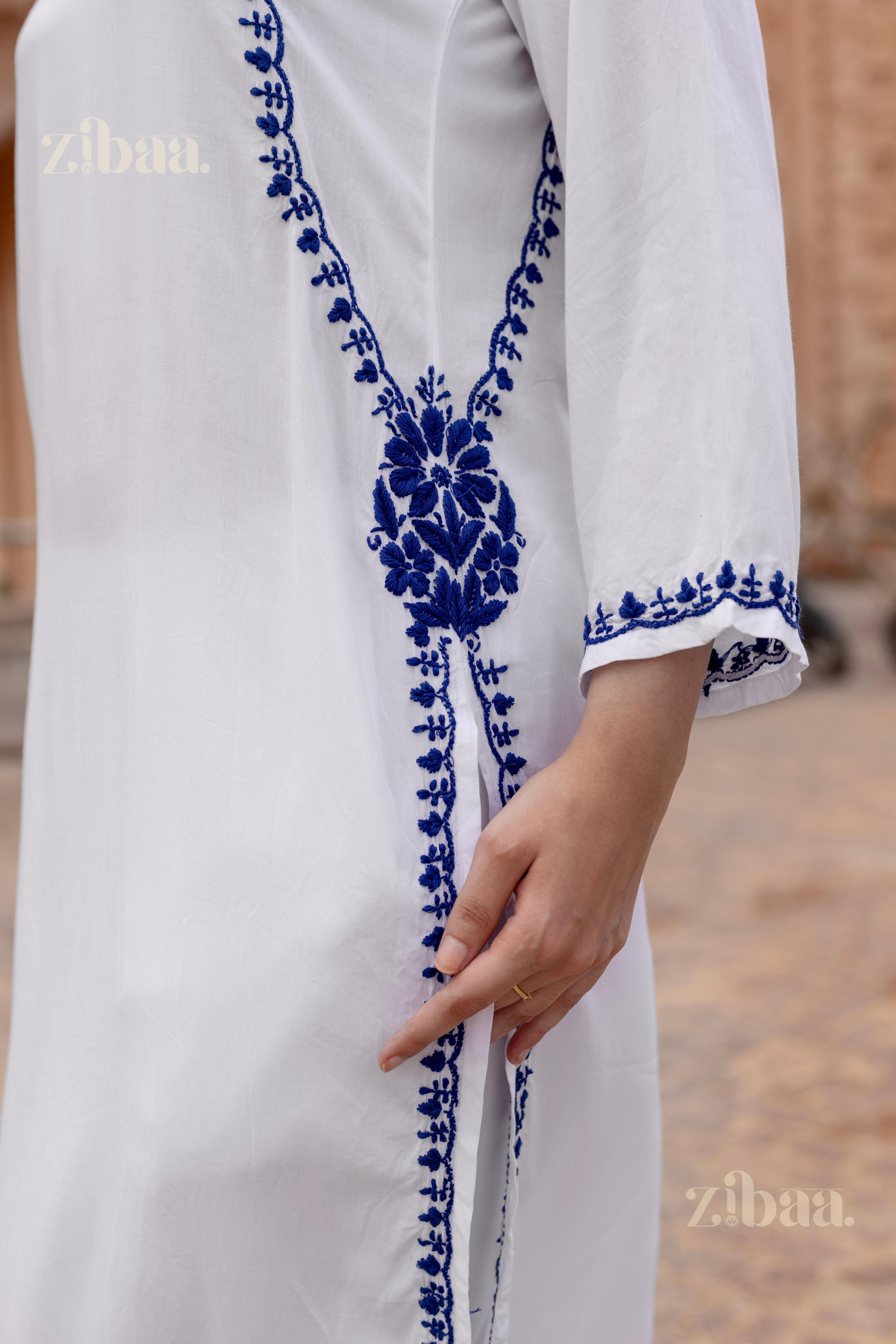 Zibaa Rayon White Chikankari Kurti | Grocsy