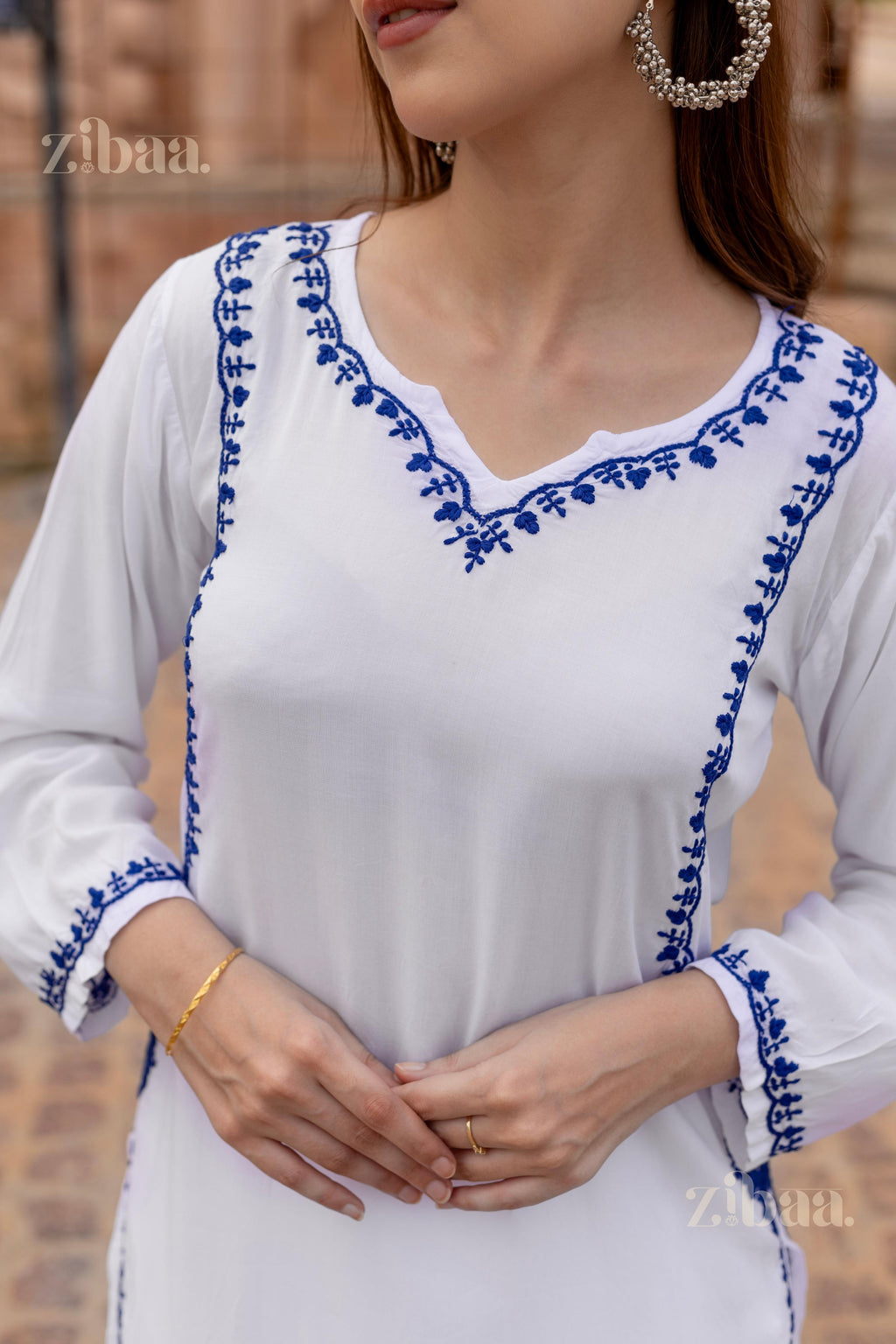 Zibaa Rayon White Chikankari Kurti | Grocsy