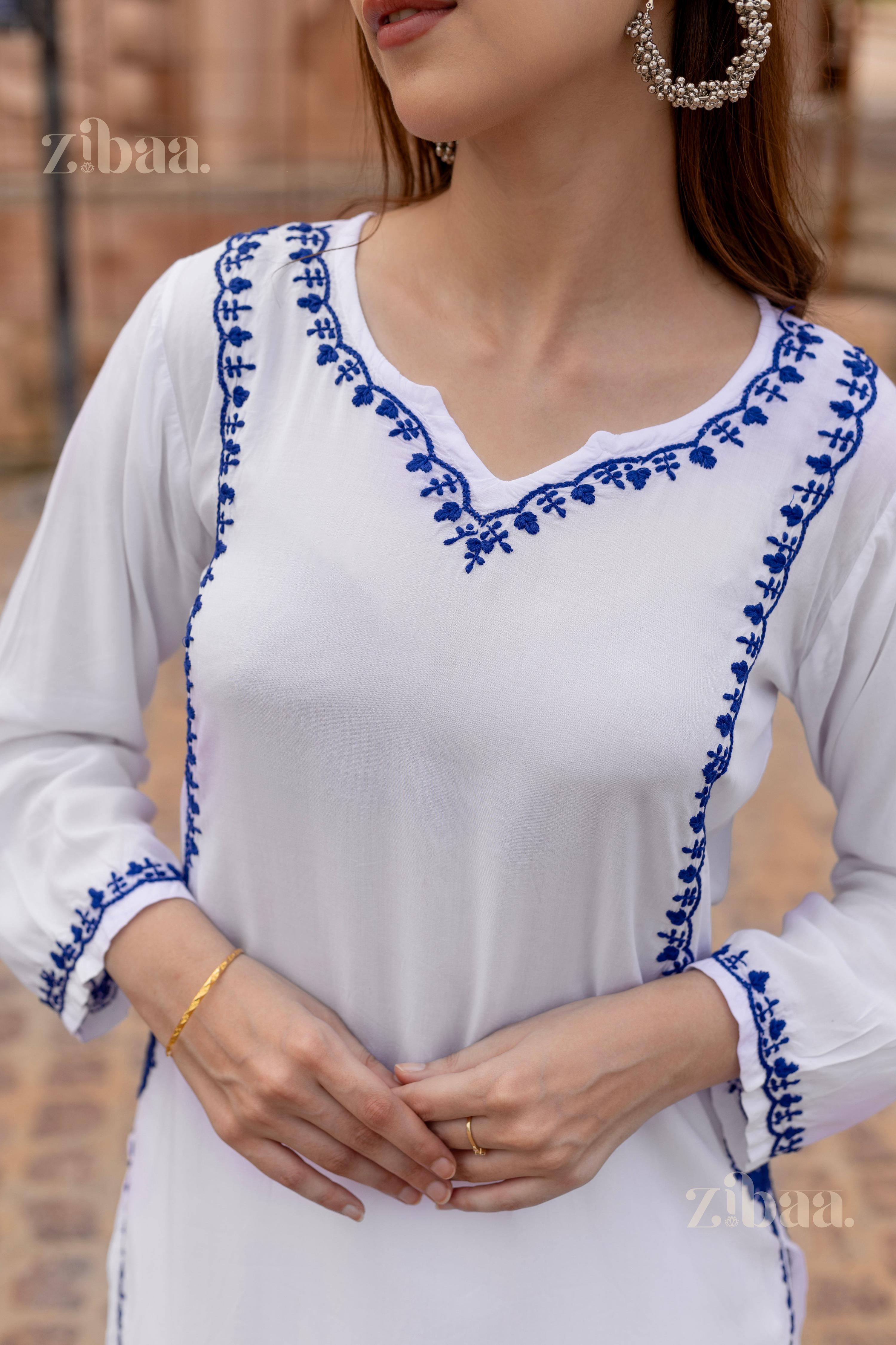 Zibaa Rayon White Chikankari Kurti | Grocsy