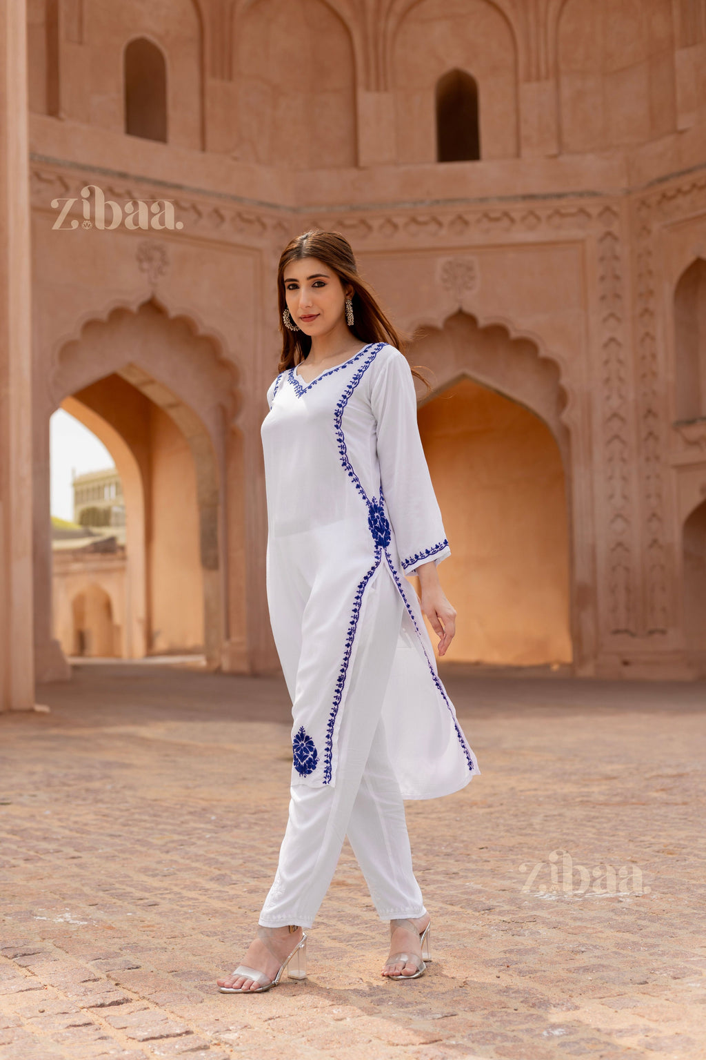 Zibaa Rayon White Chikankari Kurti | Grocsy