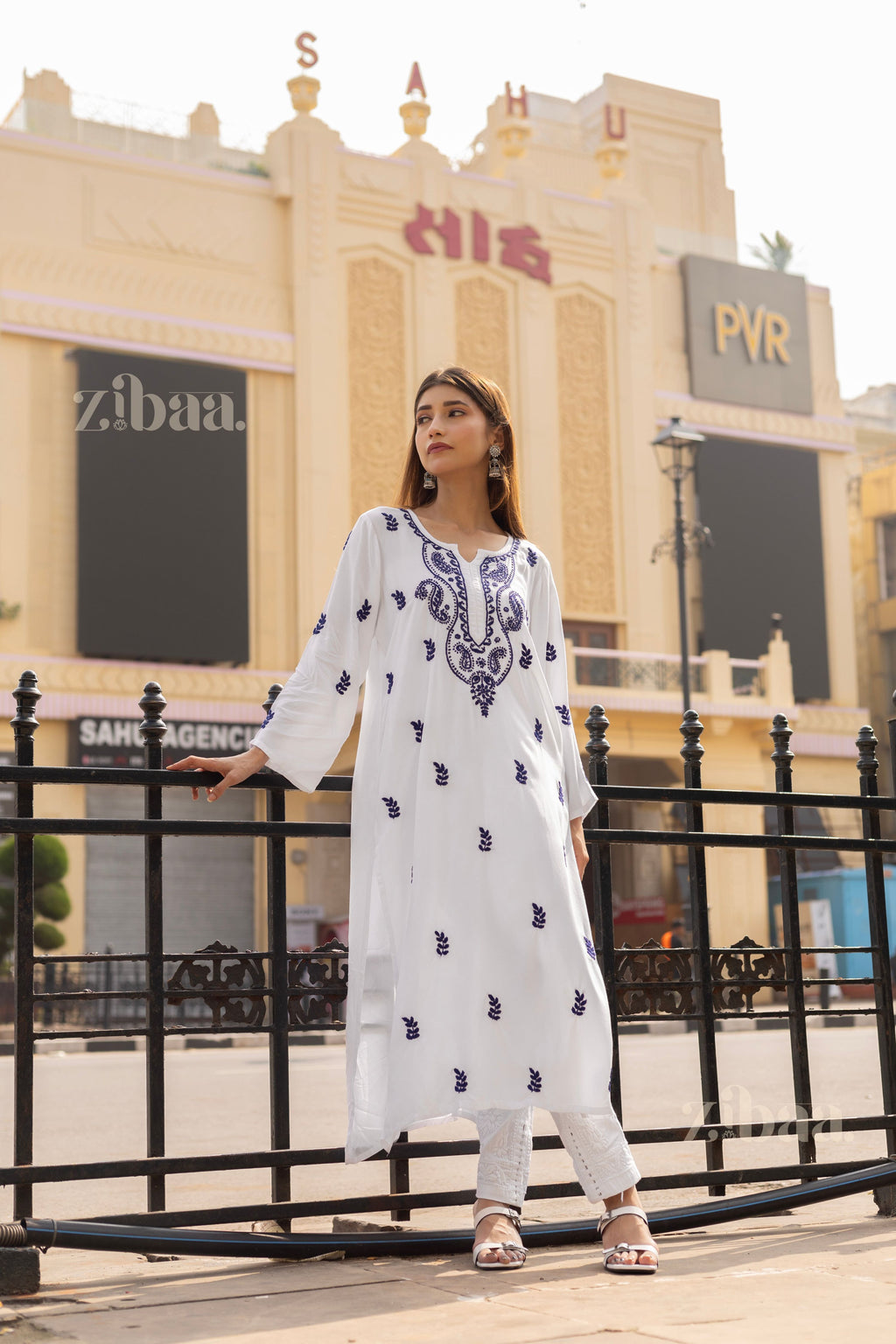 Zibaa Rayon White Chikankari Kurti with small motifs | Grocsy